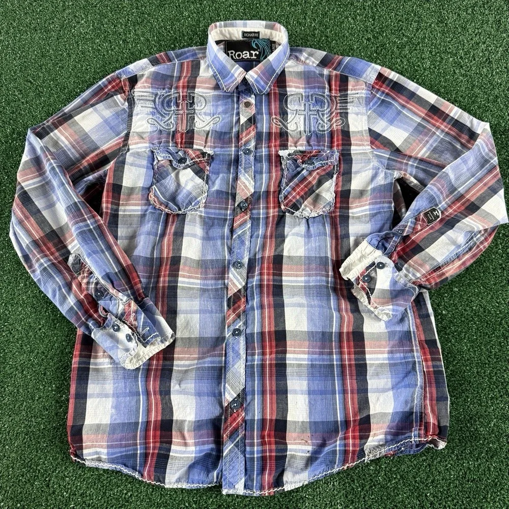 Roar Men's Long Sleeve Button Shirt Size XL Blue Plaid Embroidered